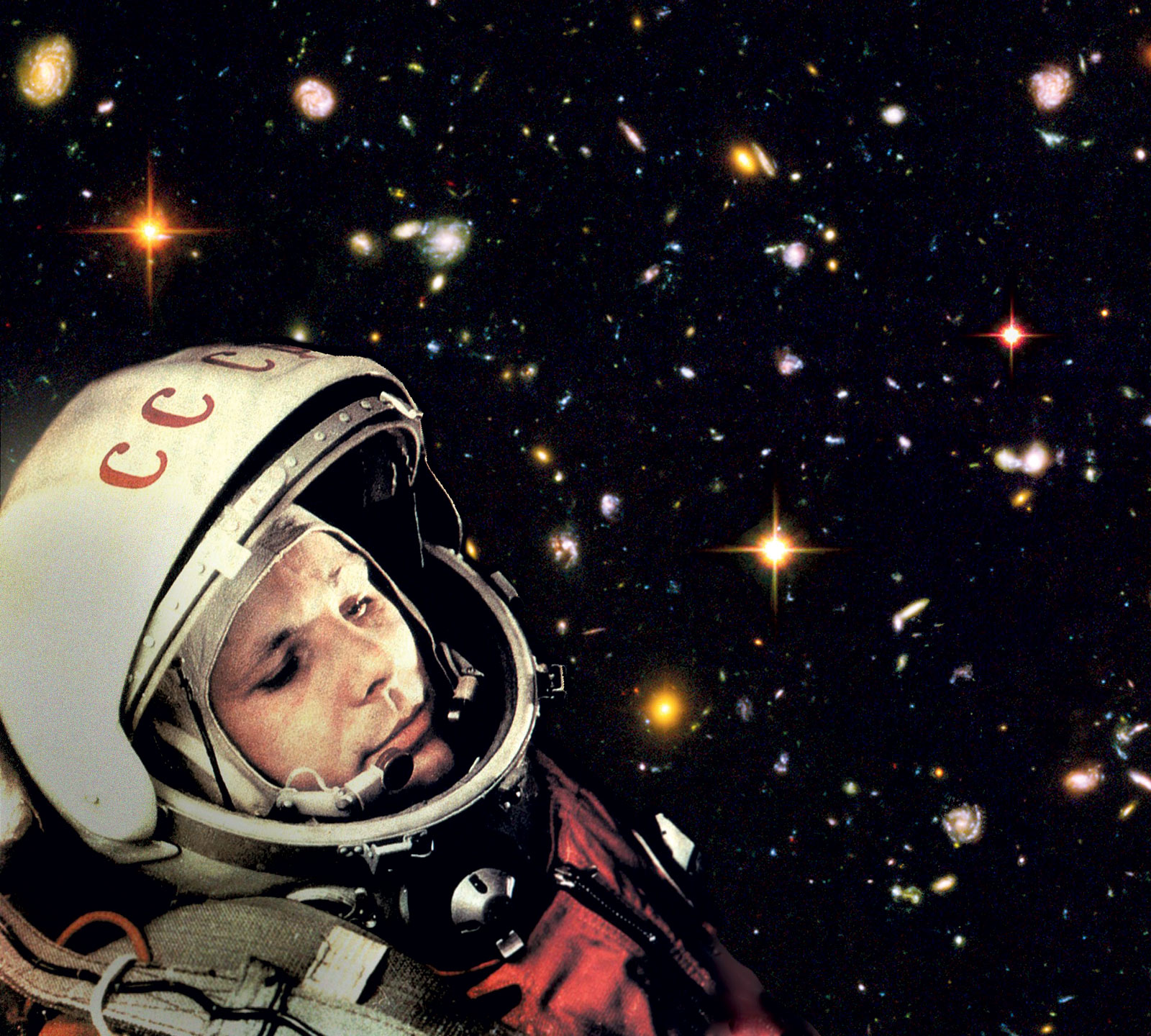 Fotomontaje realizado con una fotografía anónima de Yuri Gagarin y un fondo de estrellas del telescopio espacial Hubble de la NASA 