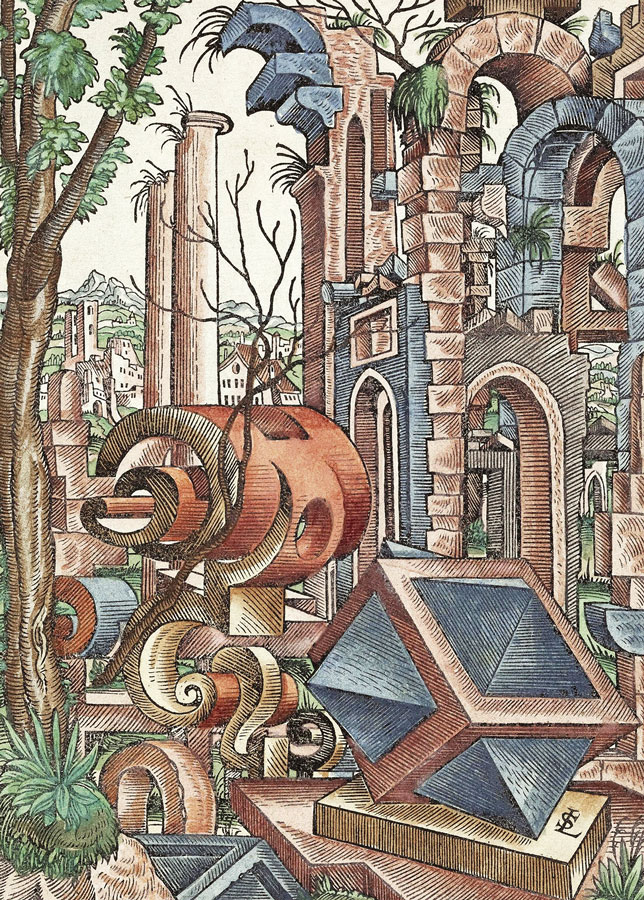 Ilustración de Lorenz Stoer, en _Geometría y perspectiva_, 1567. University of Tübingen