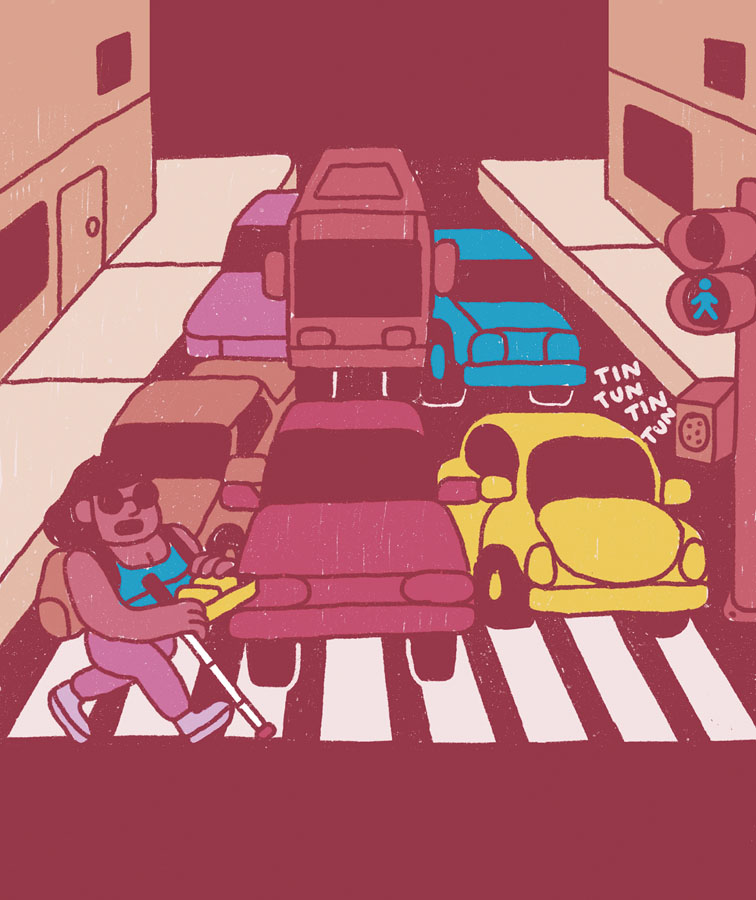 Dibujo de un cruce peatonal, al fondo coches de colores atorados en el tráfico y al frente una persona ciega con lentes y bastón cruza por la cebra peatonal, el semáforo del lado derecho muestra la señal que permite cruzar y emite un sonido.