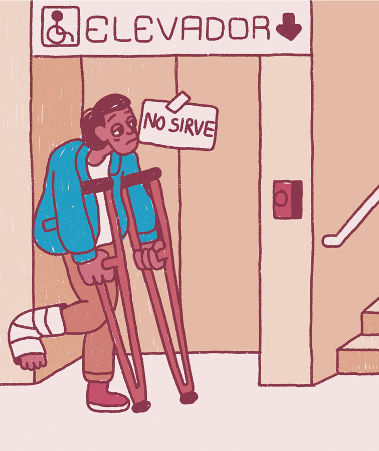 Dibujo de un elevador que dice "No sirve" y el detalle de una escalera. Al frente un personaje en muletas con el pie enyesado con cara de cansancio.