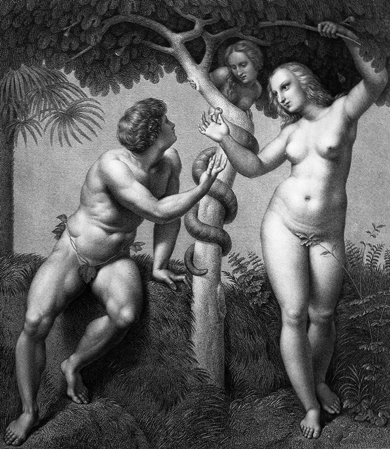 Phillip Medhurst, _La Tentación de Adán y Eva_ de la serie “Imágenes de la Torah” a partir de Rafael Sanzio