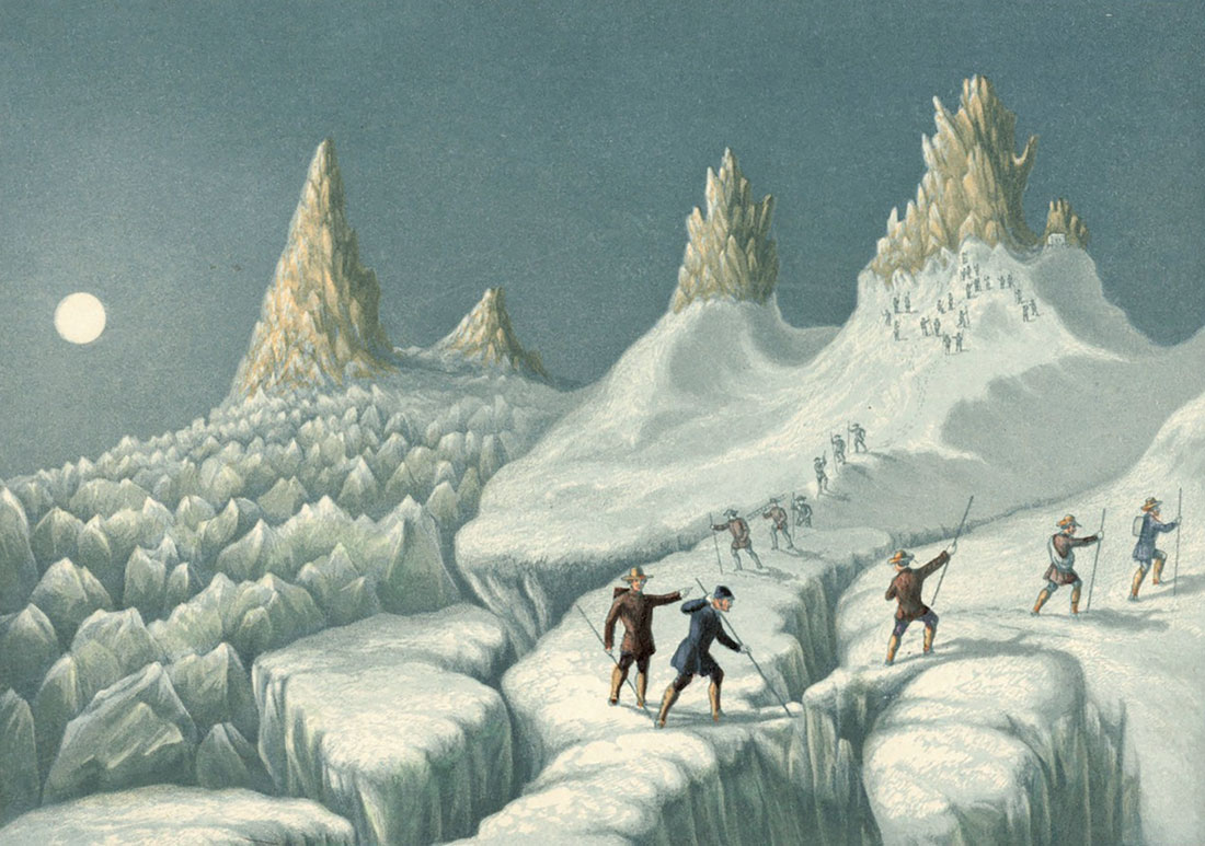 _Leaving the Grands Mulets_, en George Baxter, _The Ascent of Mont Blanc_, _ca_. 1855 