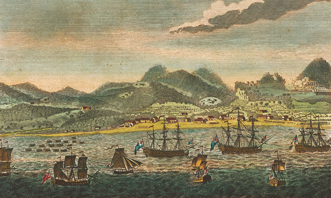 Perspectiva de la costa de Roseau en la isla de Dominica. Library of Congress