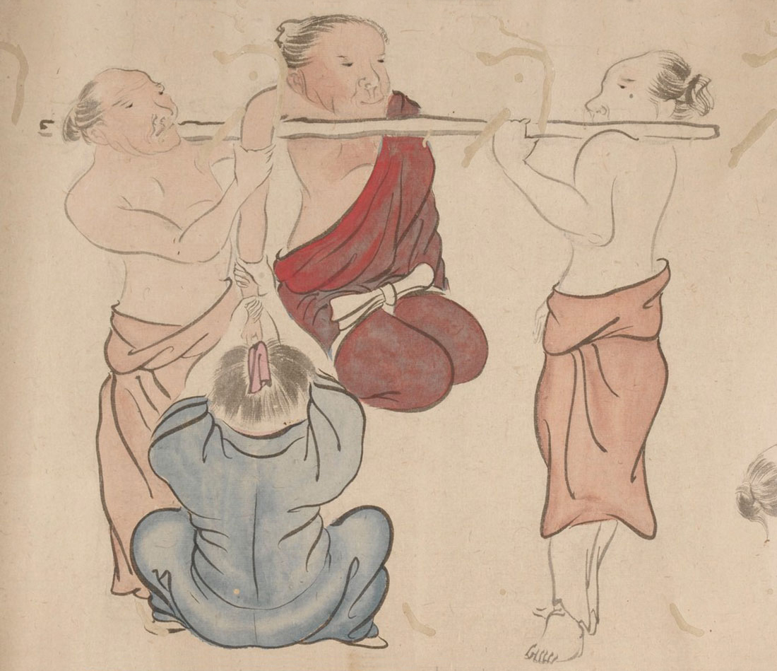 Quiroprácticos tratando un paciente. Emakimono del periodo Shijo. Wellcome Collection