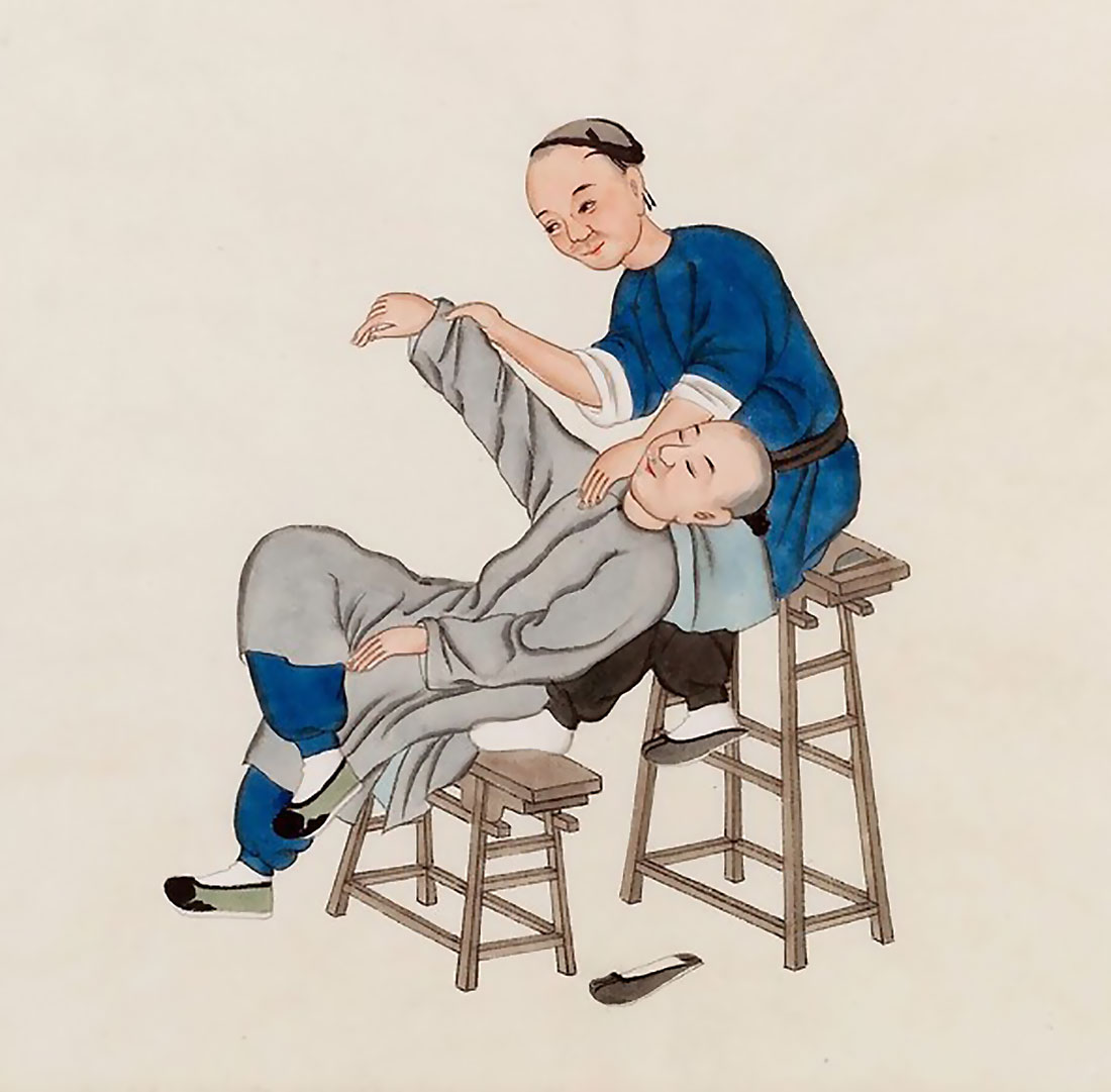 Un médico chino practica un masaje en el hombro de un paciente. Acuarela de Zhou Pei Qun, _ca_. 1890. Wellcome Collection