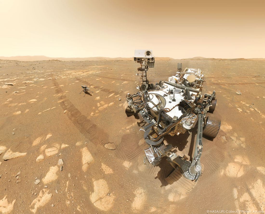Autorretrato del Perseverance con Ingenuity tomado por la cámara WATSON en el brazo robótico del rover, 6 de abril de 2021. NASA/JPL-Caltech/MSSS