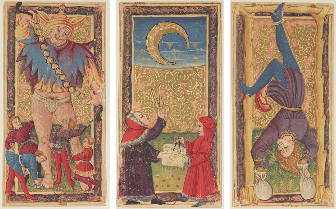 El Loco, la Luna y el Colgado del _Tarot dit de Charles VI_, 1475-1500. Bibliothèque Nationale de France