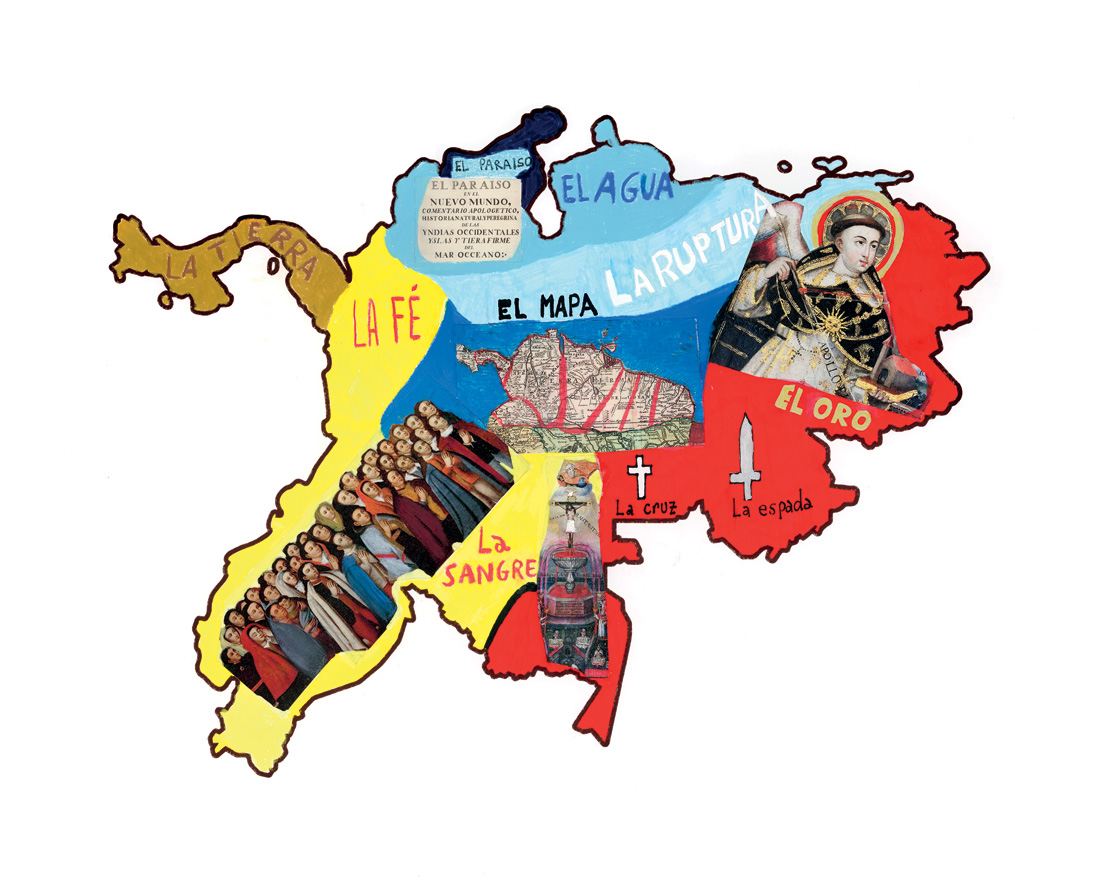 Mapa de la Gran Colombia (una nación que, en su origen, incluía los territorios de Venezuela, Colombia, Ecuador y Panamá) creado por Antonio Caro. La Bienal Frontera. Juntos Aparte convocó a 40 artistas a intervenir el mapa para crear banderas que fueron expuestas en Cúcuta, Colombia, como homenaje póstumo a Caro