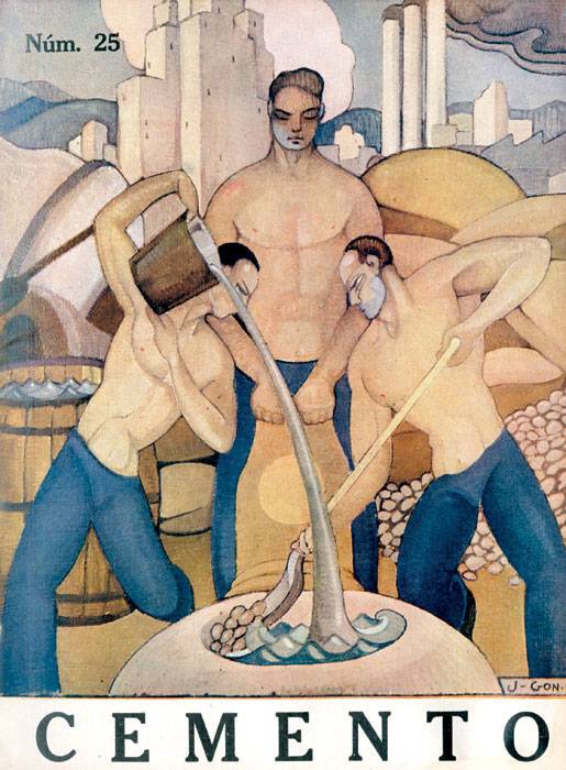 Jorge González Camarena, *Revolviendo el concreto*, en portada de *Cemento*, núm. 25, 1928. Archivo Activo-Raíces digital UNAM