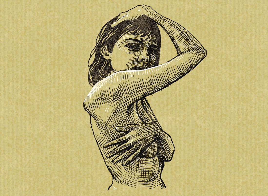 Dibujo de trama negra sobre fondo amarillo de una mujer sin ropa hacia el frente, con el brazo derecho se toca la parte de arriba de la cabeza, con la izquierda se cubre el busto.