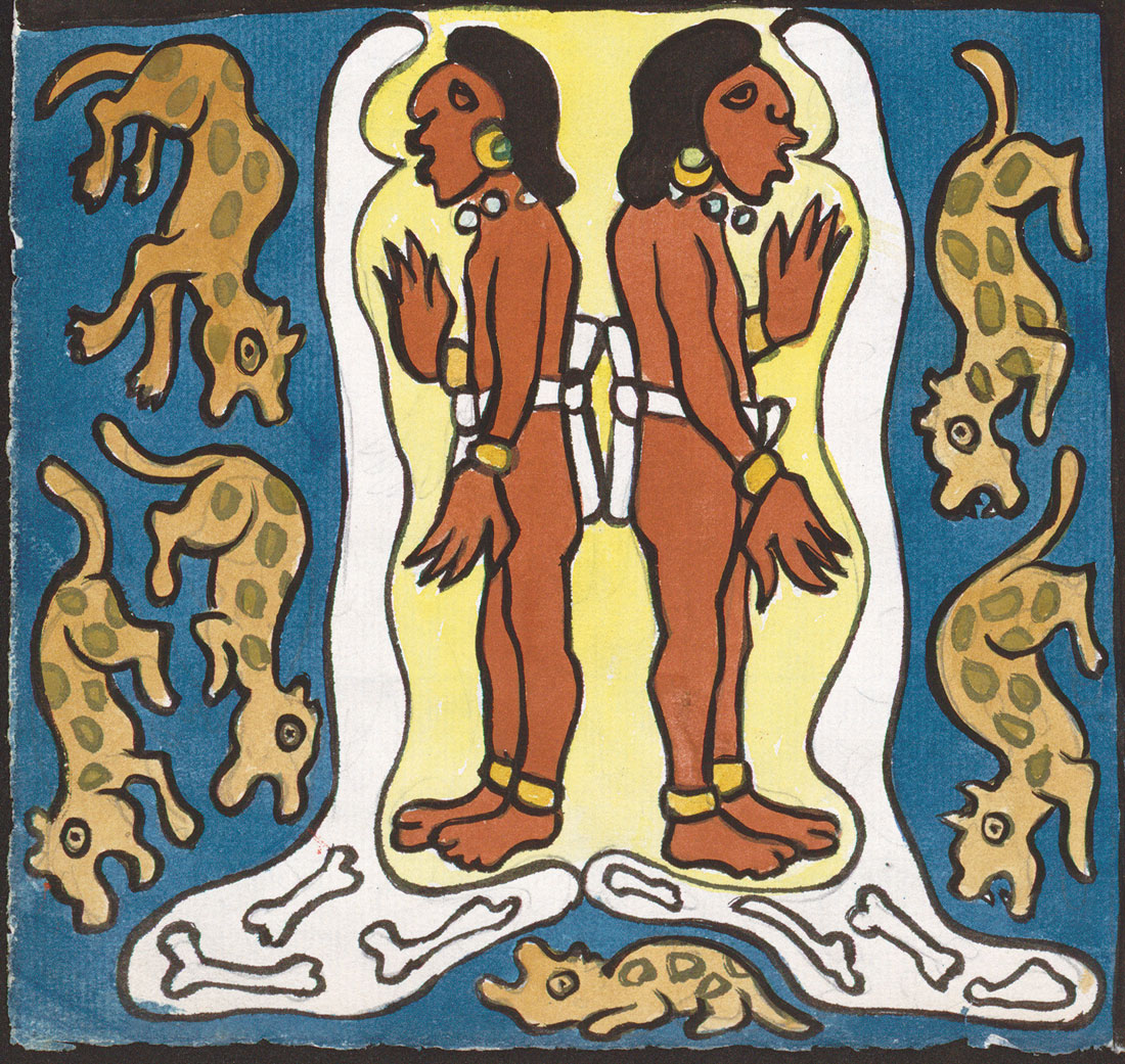 Diego Rivera, _El juicio de los gemelos héroes_. Ilustración del _Popol vuj_ (detalle), 1931. Library of Congress, Jay I. Kislak Collection