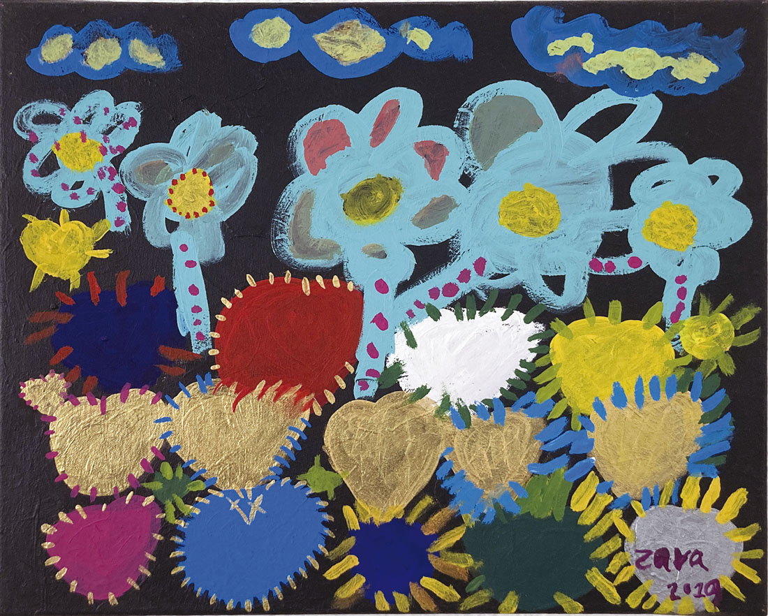 Pintura con diferentes figuras de arriba hacia abajo: formas azules y amarillas, abajo flores verde menta y corazones de diferentes colores rodeados por pequeñas líneas coloridas en tres filas.