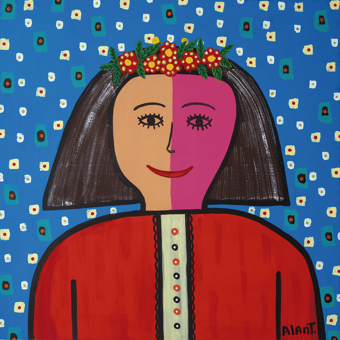 Pintura de una mujer con una diadema de flores, la cara está dividida a la mitad, de un lado tiene un color durazno y del otro uno rosa. El cabello es negro y tiene una camisa naranja con un detalle floral al centro. Al fondo una secuencia de pequeños cuadrados color azul.