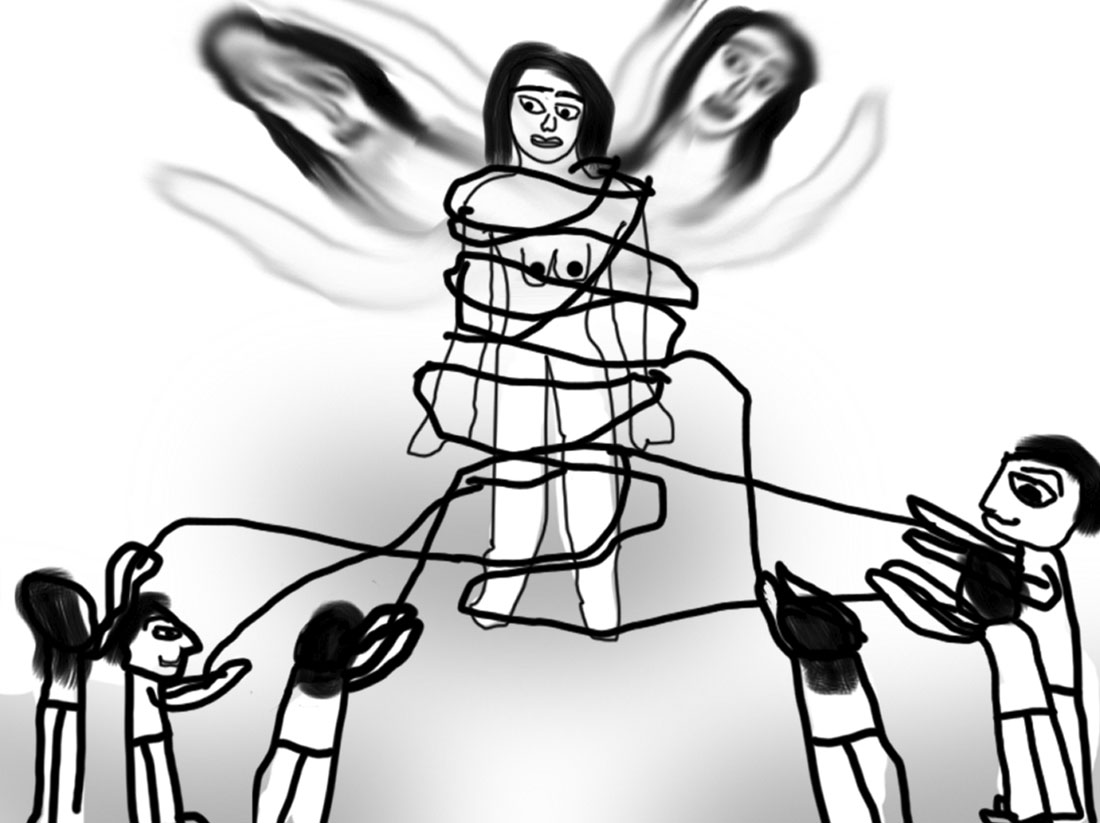 Dibujo de línea negra de un cuerpo femenino amarrado por cuerdas que sostienen seis personas al frente. Detrás de la figura central hay dos torsos que se elevan, como duplicaciones de sí misma.
