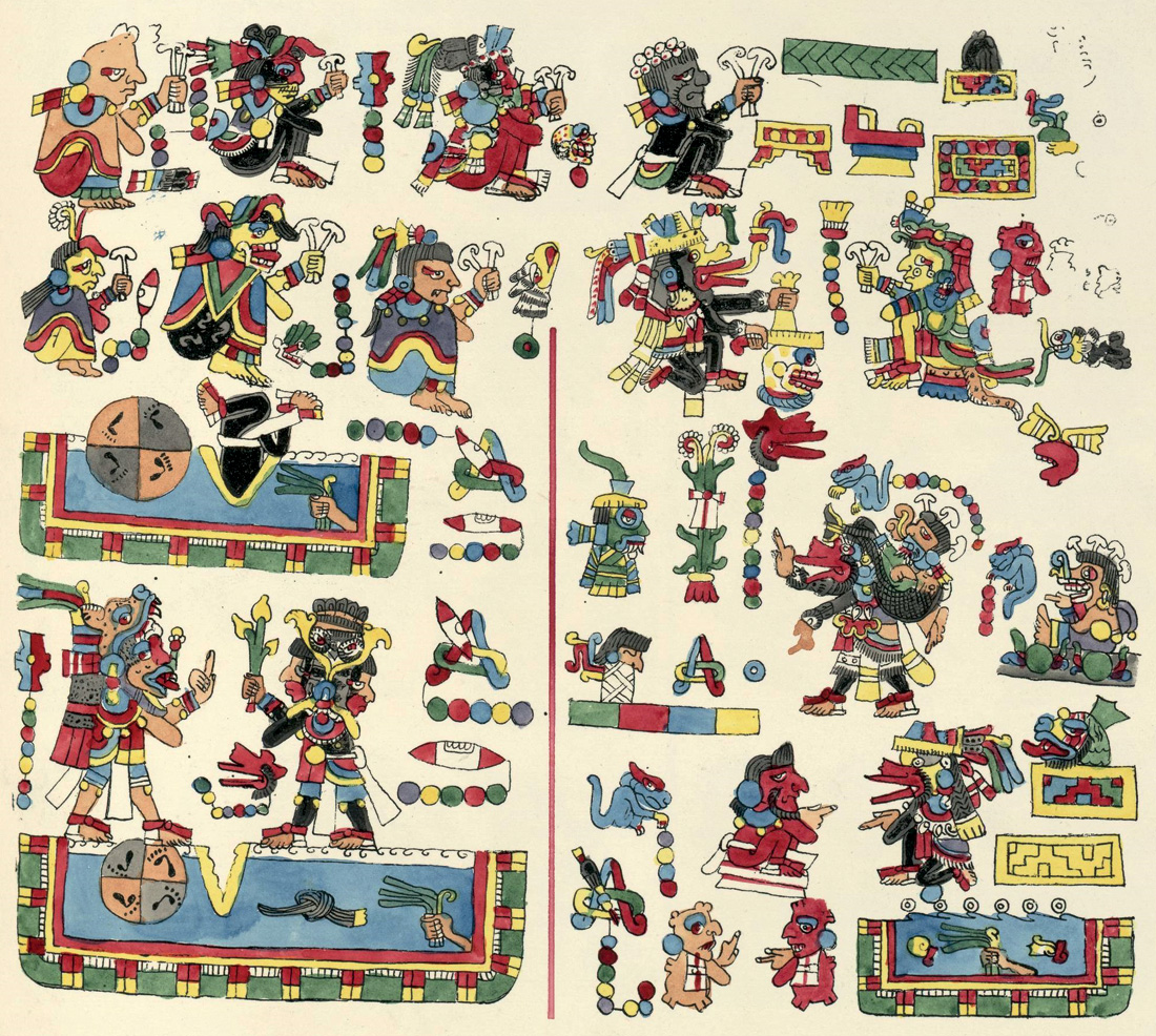 Deidades mixtecas en ceremonia con hongos, facsimilar del Códice Yuta Tnoho, en Edward King Kingsborough, *Antiquities of Mexico*, 1831 