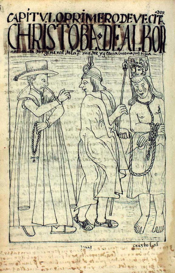 El visitador Cristóbal de Albornoz, descubridor del Taqui Unquy, según Felipe Guamán Poma de Ayala en _Primer nueva corónica y buen gobierno_, 1615
