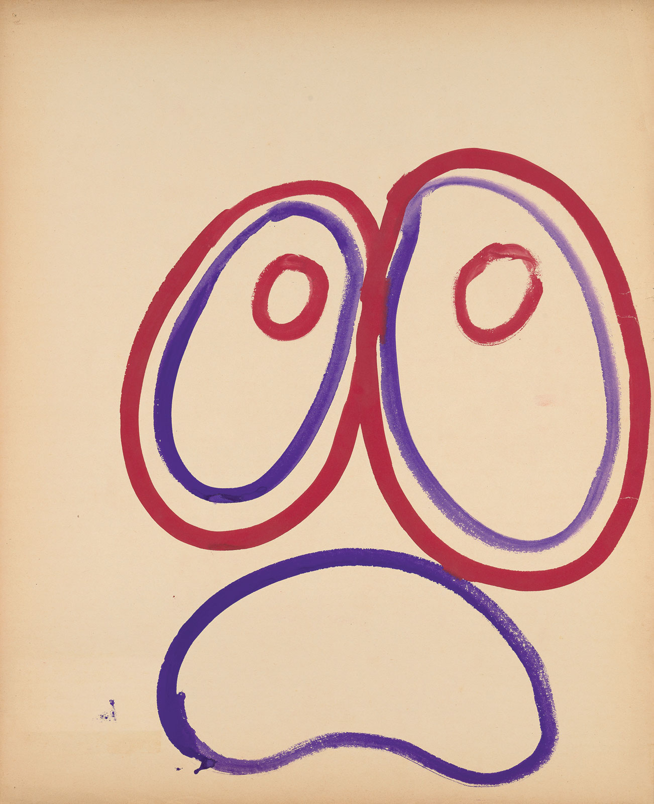 Mary Bishop, *Dos ojos como dos círculos rojos y morados con una boca morada hacia abajo*, 1967. Wellcome Collection