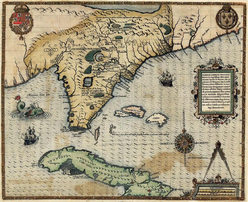 Jacques Le Moyne de Morgues, mapa de la provincia de Florida, 1591. Library of Congress 