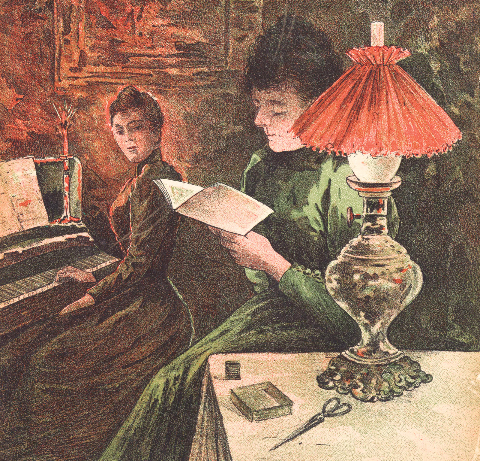 Mujer leyendo junto a una lámpara de aceite mientras otra toca el piano. Calendario familiar ilustrado de Warendorf, 1901