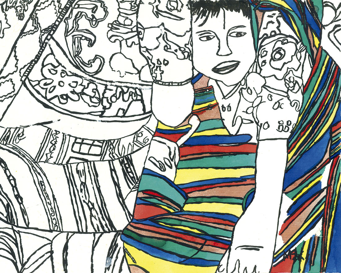 Dibujo de una persona rodeada de detalles, del lado izquierdo en blanco y negro y del lado derecho con líneas multicolor.