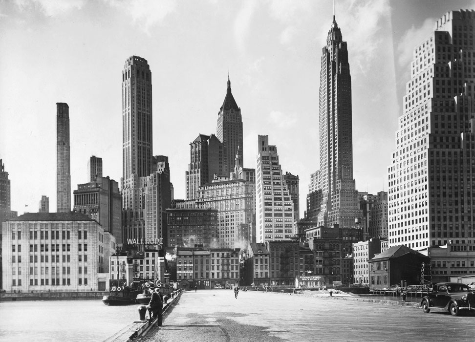 Berenice Abbott, *Manhattan Skyline: I, South Street and Jones Lane*, 1936. The New York Public Library