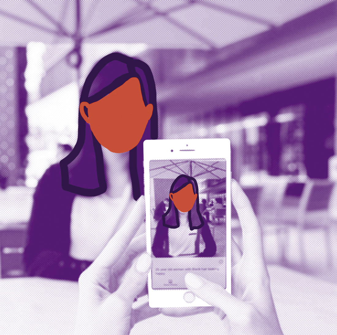 Dibujo de una persona que sostiene un celular en primer plano en cuya pantalla se ve a la persona que está detrás. La imagen es violeta y la cara de la persona naranja, no tiene rasgos faciales.