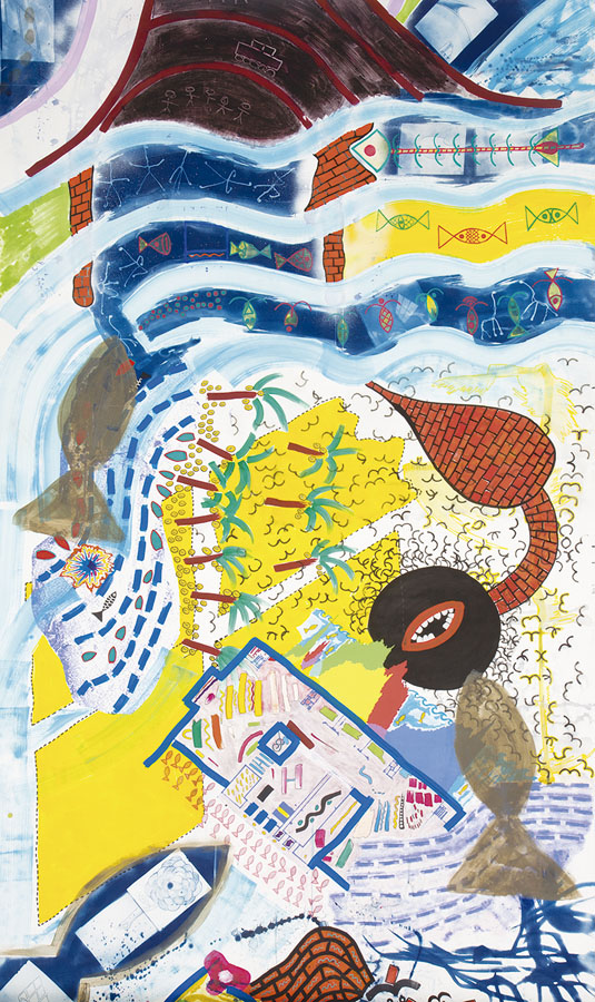 Cuatro detalles de una pintura vertical con formas abstractas y collage de imágenes principalmente azules, amarillas y verdes.