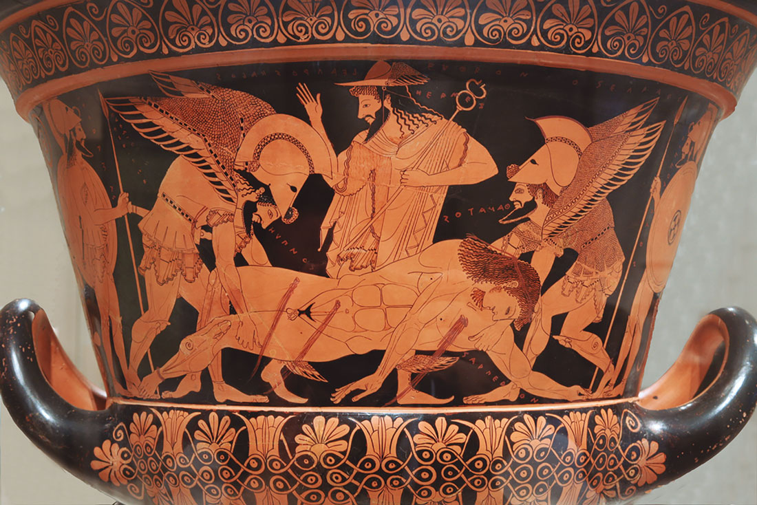 Hipnos y Tánatos llevan el cuerpo de Sarpedón mientras Hermes mira. Crátera firmada por Euxiteo (alfarero) y Eufronio (pintor), ca. 515 a.n.e.