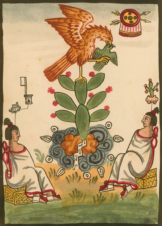 _El águila, la serpiente y el cactus en la fundación de Tenochtitlan_, en Juan Tovar, _Códice Tovar_, _ca_. 1585. Library of Congress