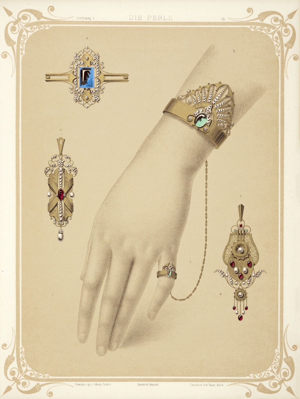 Martin Gerlach, cinco diseños de joyería, incluida una pulsera con diamantes y piedras verdes encadenadas a un anillo, 1872-1873