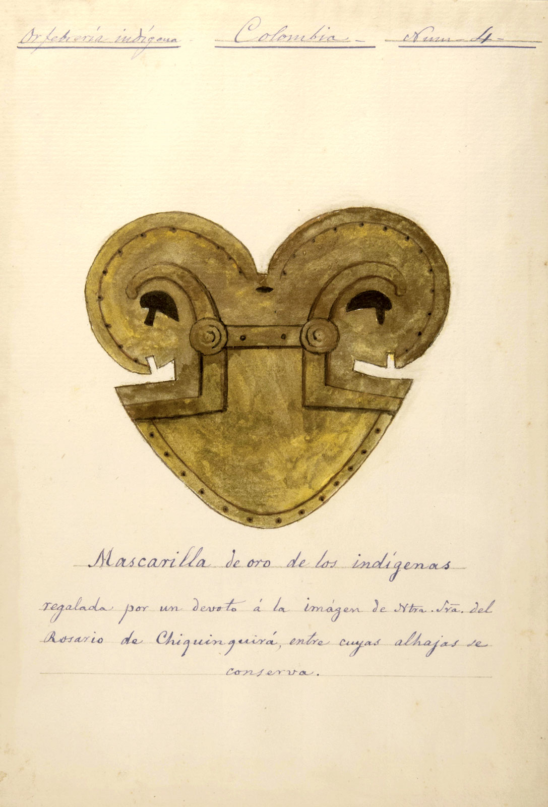 Mascarilla de oro de los indígenas, en José María Gutiérrez, *Impresiones de un viaje a América*, 1875. Banco de la República